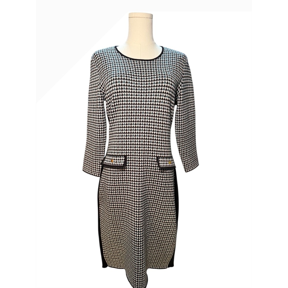 Harper Rose Houndstooth Sheath Dress Black White Knit 3/4 Sleeve Pockets S - Picture 2 of 8